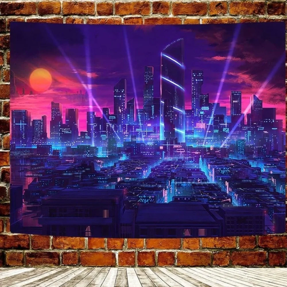 Aidatain Modern City Street View Tapestry - Blue and Purple Night City Japanese